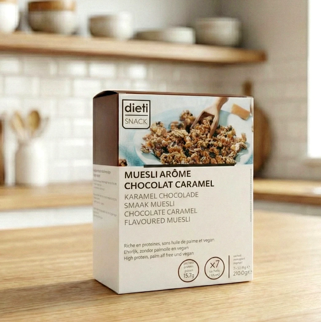 doos muesli chocolade karamel dietimeal eiwitrijk doos per 7
